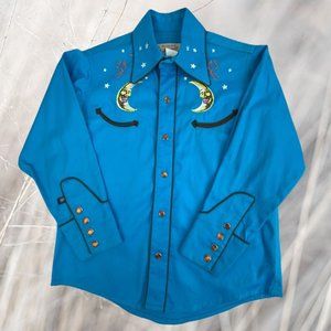 Vintage Tru West Ranch Wear Blue Boys Western Pearl Snap Top size Medium